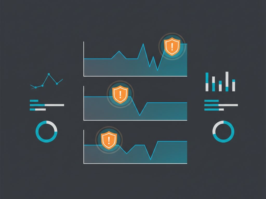 Neutral analytics dashboard with confidence bands and alerts on a spike and a dip