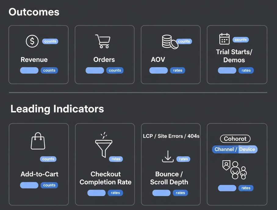 Grid of outcome metrics and leading indicators to watch for anomalies.