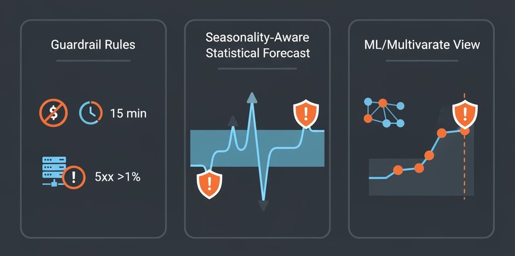 Rule-based, seasonality-aware, and ML-based anomaly detection compared side by side