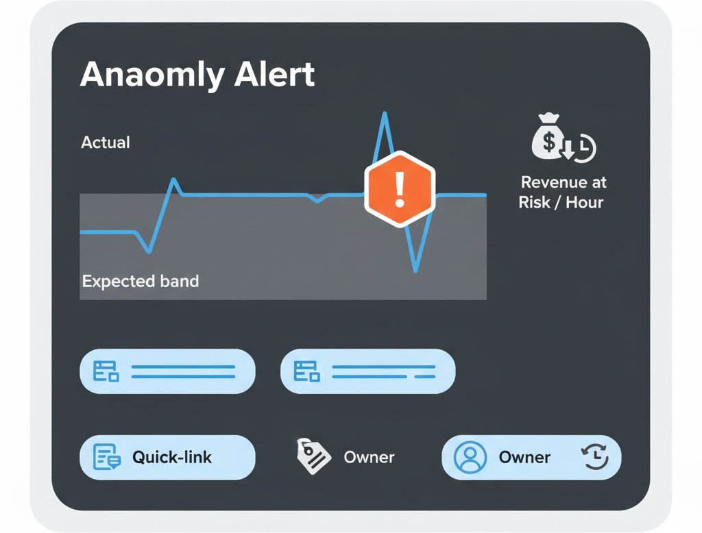 Well-designed alert card with baseline vs actual, severity, impact, links, owner, and cooldown