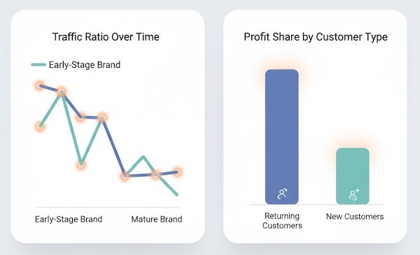 Line and bar charts showing how the new/returning mix and profit share evolve with brand maturity