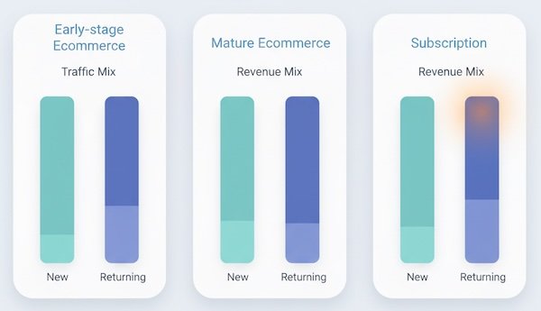 Stacked bars comparing typical new vs returning mixes for early ecommerce, mature ecommerce, and subscription models