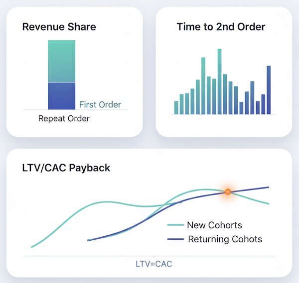 Panel showing first vs repeat revenue, time to second order, and LTV/CAC payback by cohorts.”