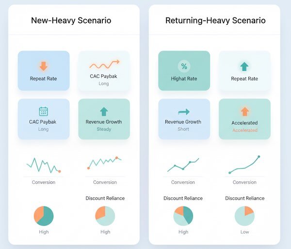 Comparison dashboards illustrating efficiency trade-offs in new-heavy versus returning-heavy scenarios