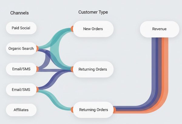 Sankey diagram mapping channels to new/returning orders and on to revenue to reveal efficiency by source