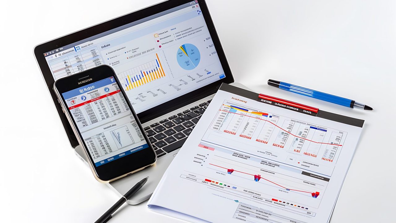 Business analysis across a laptop, smartphone and printed charts
