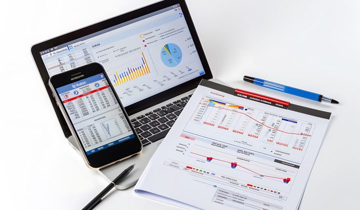 Business analysis across a laptop, smartphone and printed charts