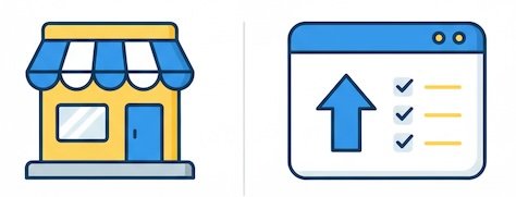 Tiny shop icon beside an analytics panel with growth arrow