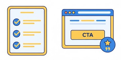 Checklist next to a page mockup with a clear CTA and proof badge