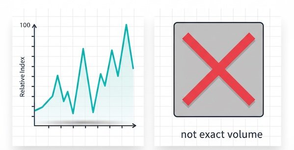 Relative index over time on the left; ‘not exact volume’ on the right