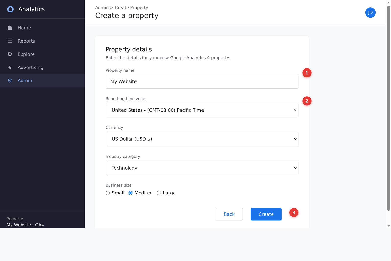 GA4 Create Property screen with annotated form fields