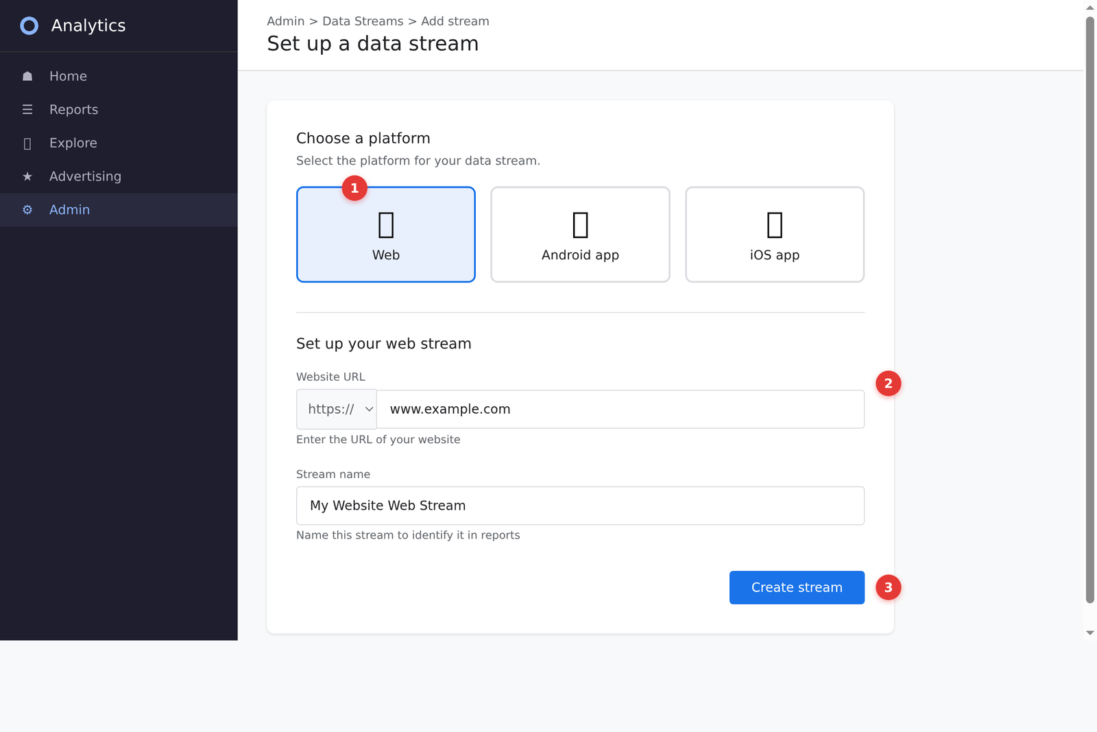 GA4 Data Stream setup showing web platform selection