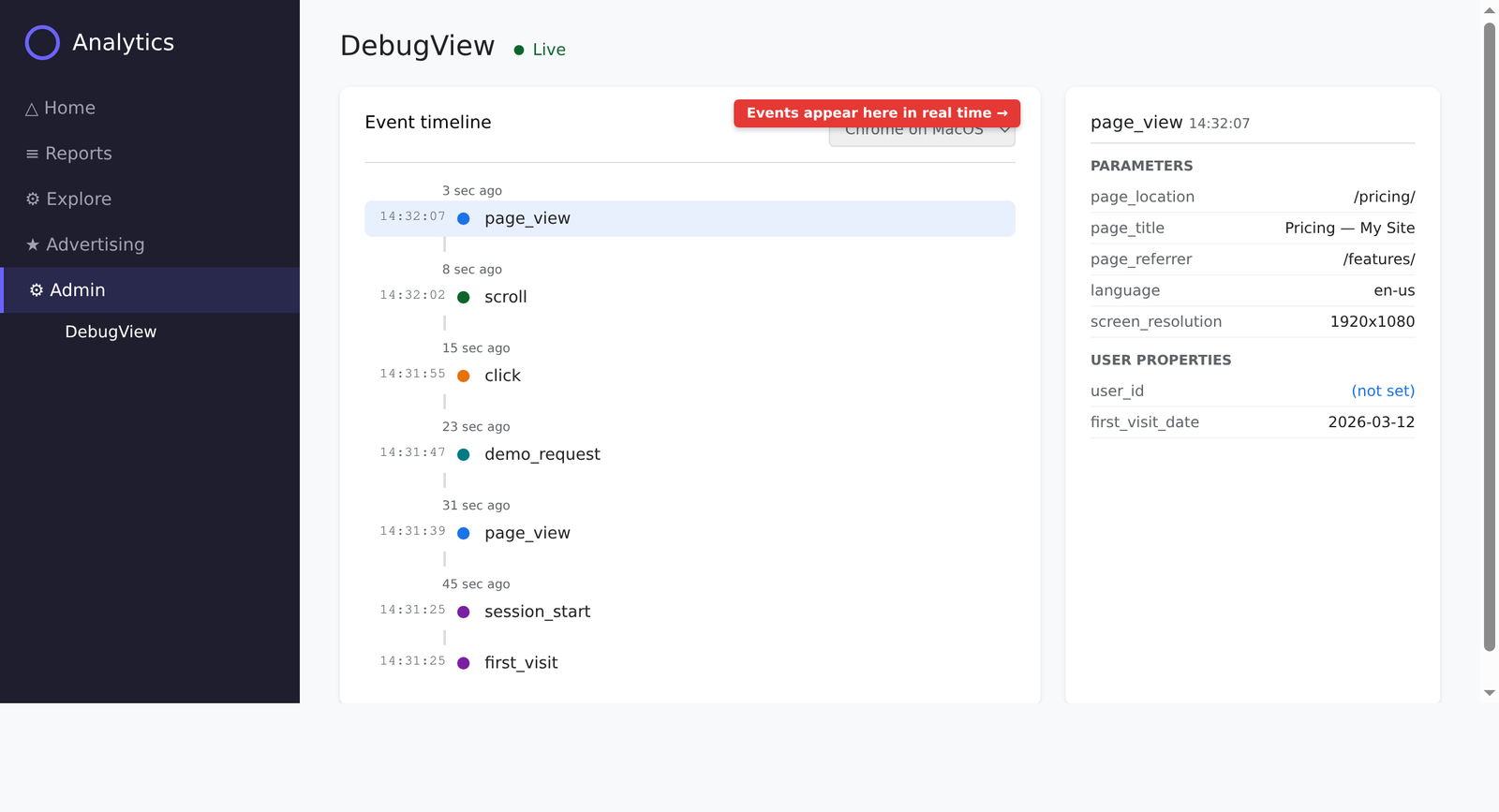 GA4 DebugView showing event timeline and parameters